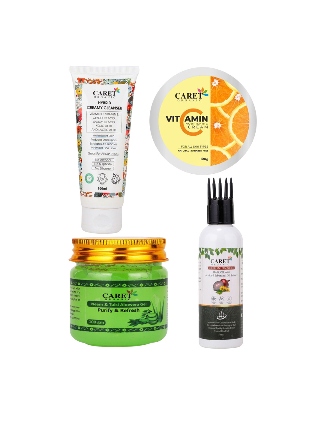 CARET ORGANIC Set Of 4 Cleanser Face Wash, Nourishing Cream, Red Onion Hair Oil & Neem Gel