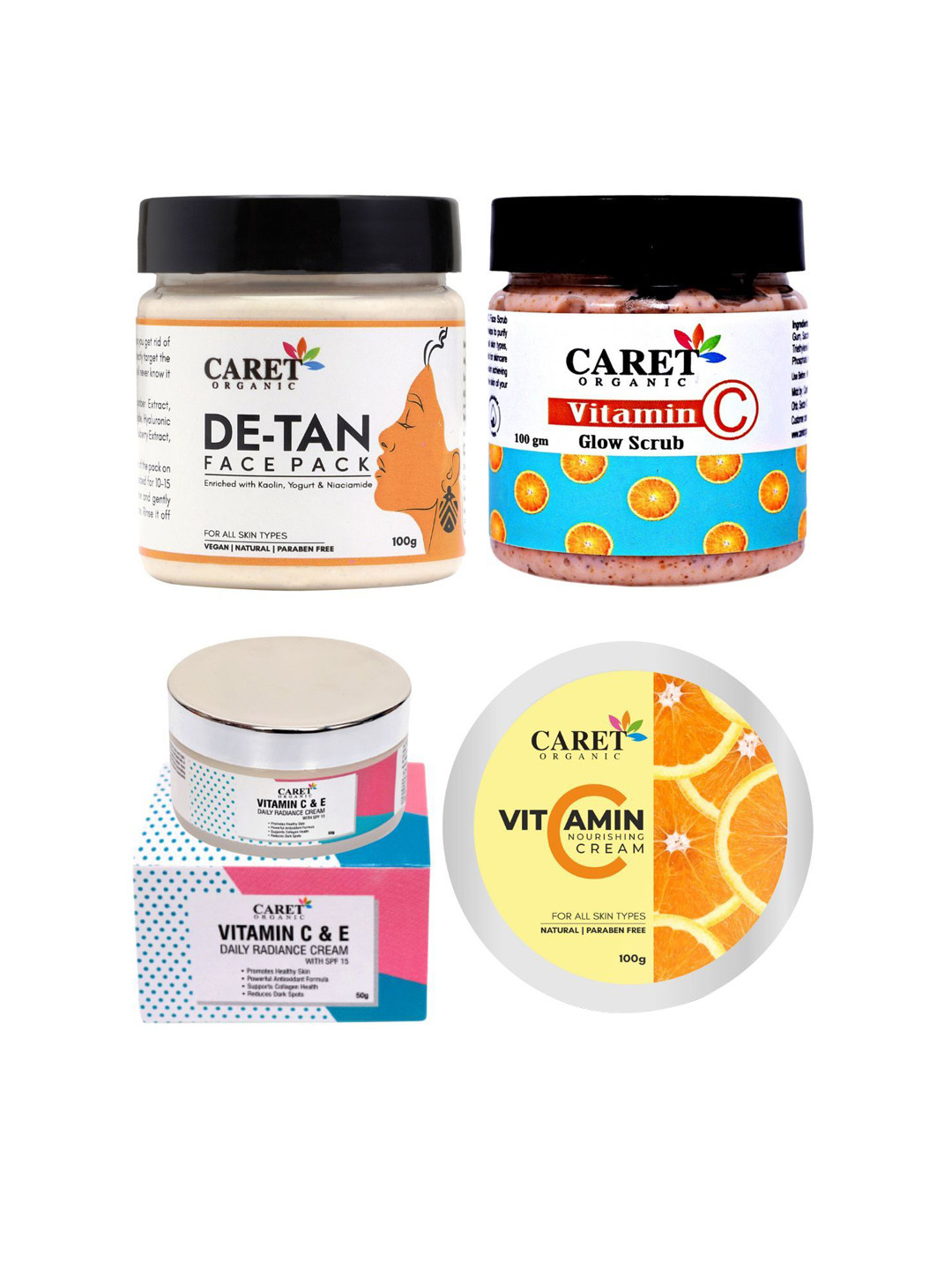 CARET ORGANIC Set Of 4 De-Tan Pack & Nourishing Cream & Daily Cream & Vitamin C Glow Scrub