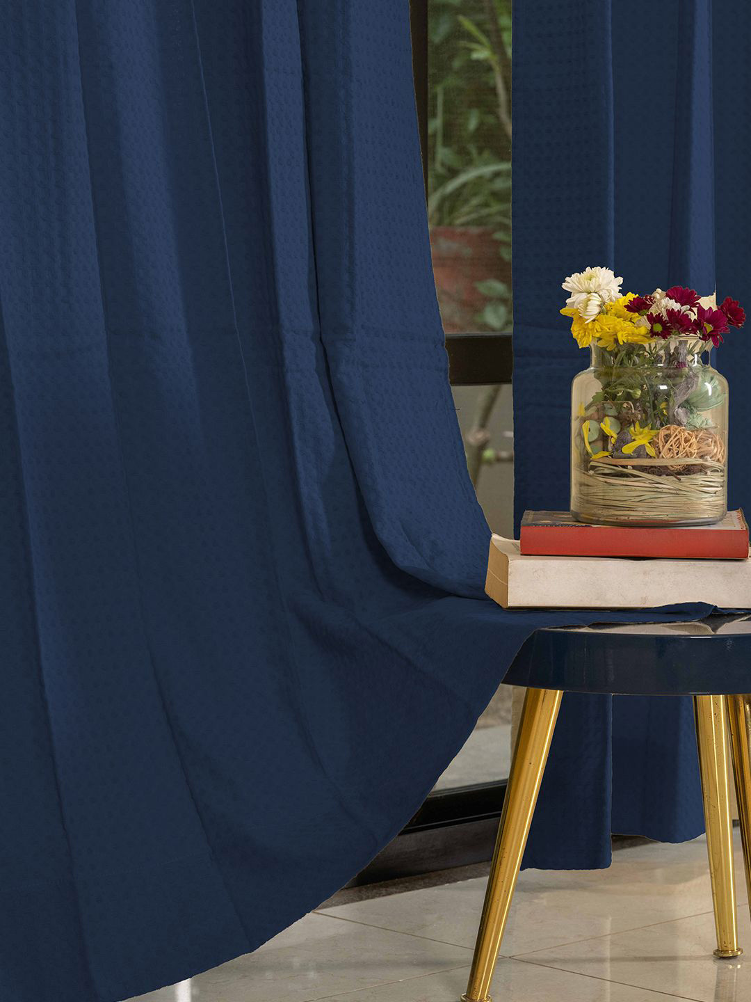 URBAN SPACE Waffle Navy Blue 2 Pieces Cotton Long Door Curtains