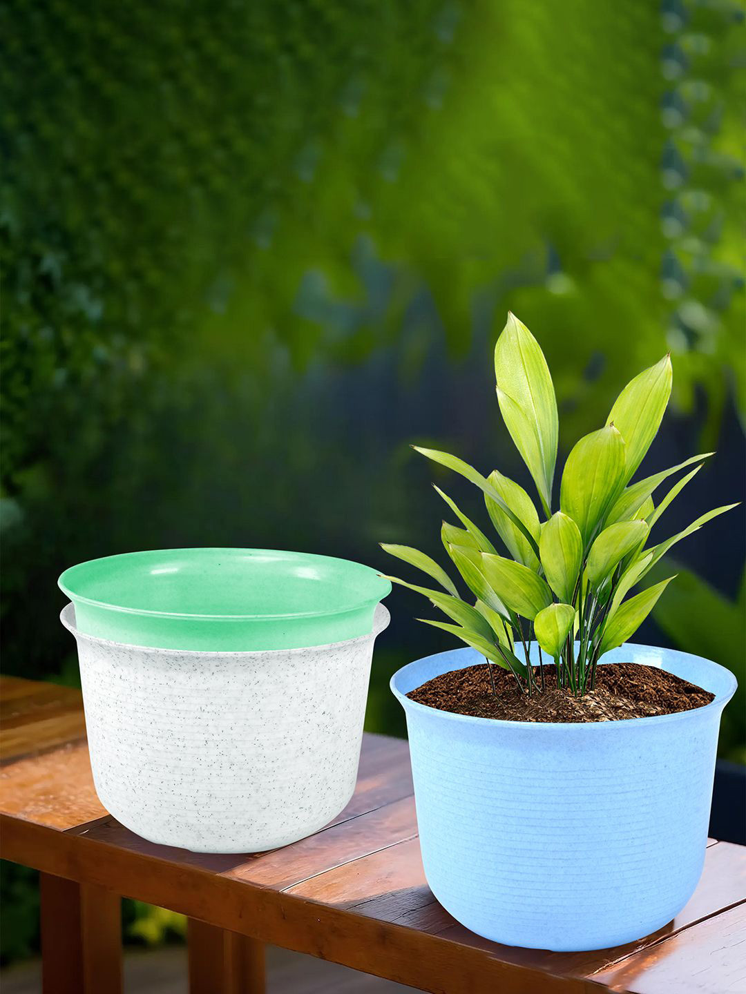 Kuber Industries White & Green 3 Pieces Sawera Flower Pot With Plate