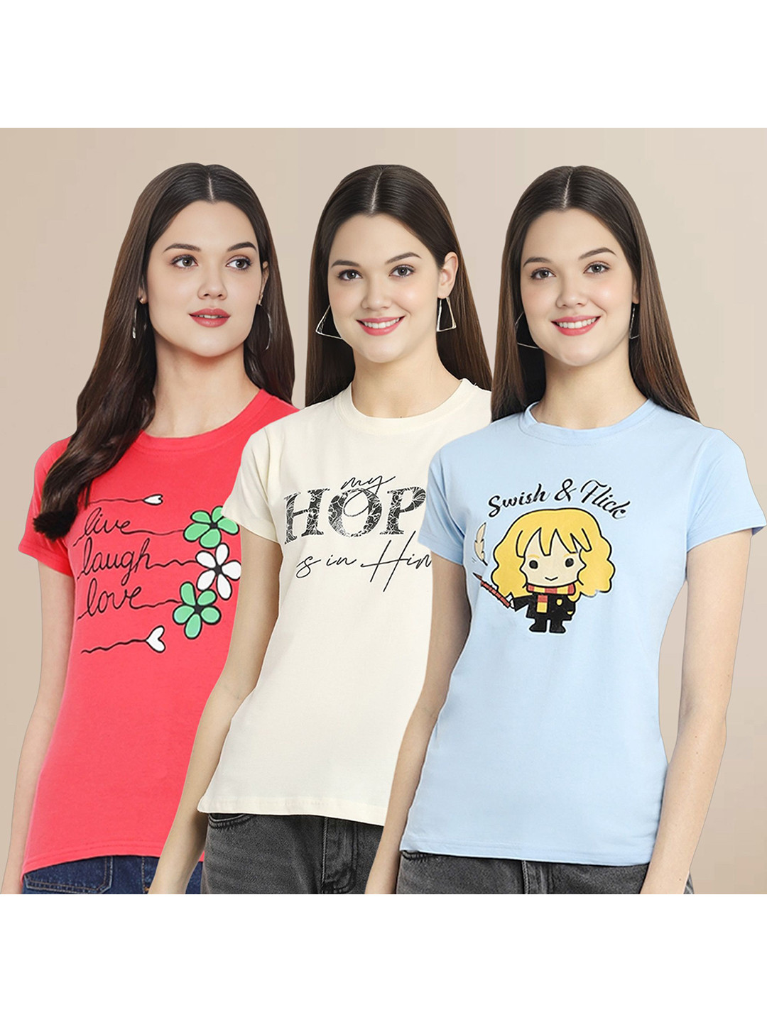 Metronaut Women Pack Of 3 Typography Printed Round Neck Cotton T-shirts