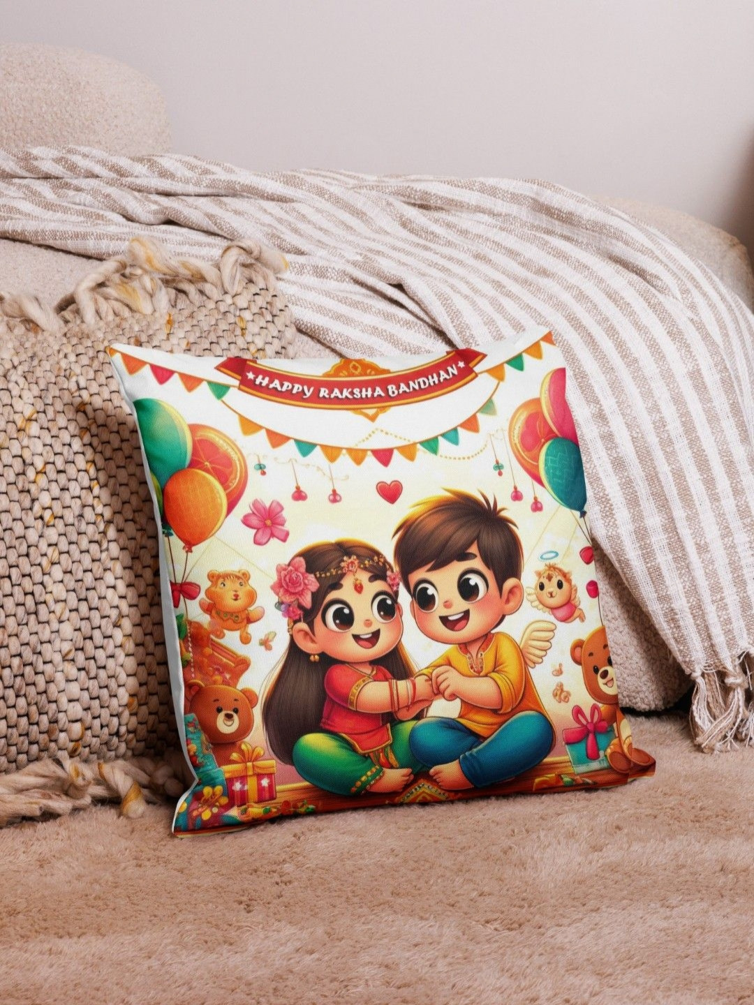 bettergiftflowers White & Red Happy Rakshabandhan Printed Square Filled Cushions