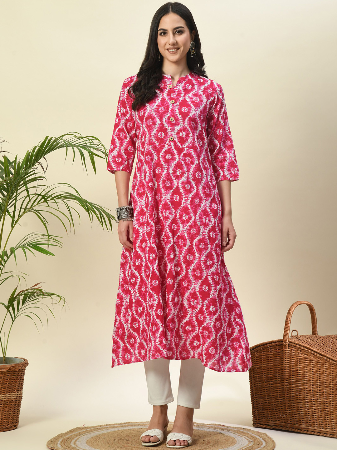 METAFAB Chevron Printed Mandarin Collar Three-Quarter Sleeves Regular Kurta
