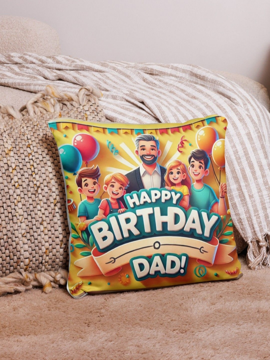 bettergiftflowers Yellow & White Happy Birthday Dad Printed Square Filled Cushions