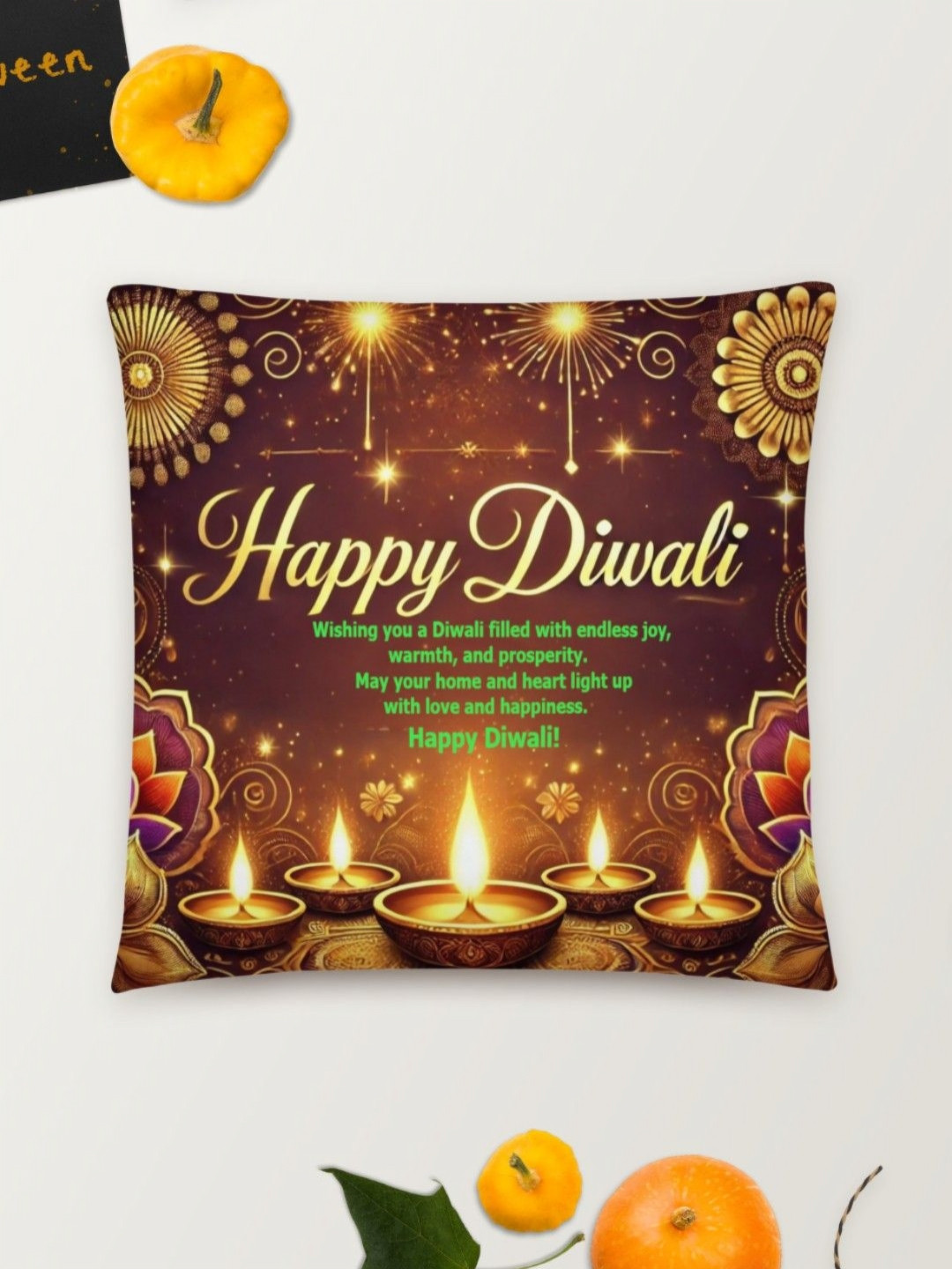 bettergiftflowers Brown & Yellow Happy Diwali With Message Printed Square Filled Cushions