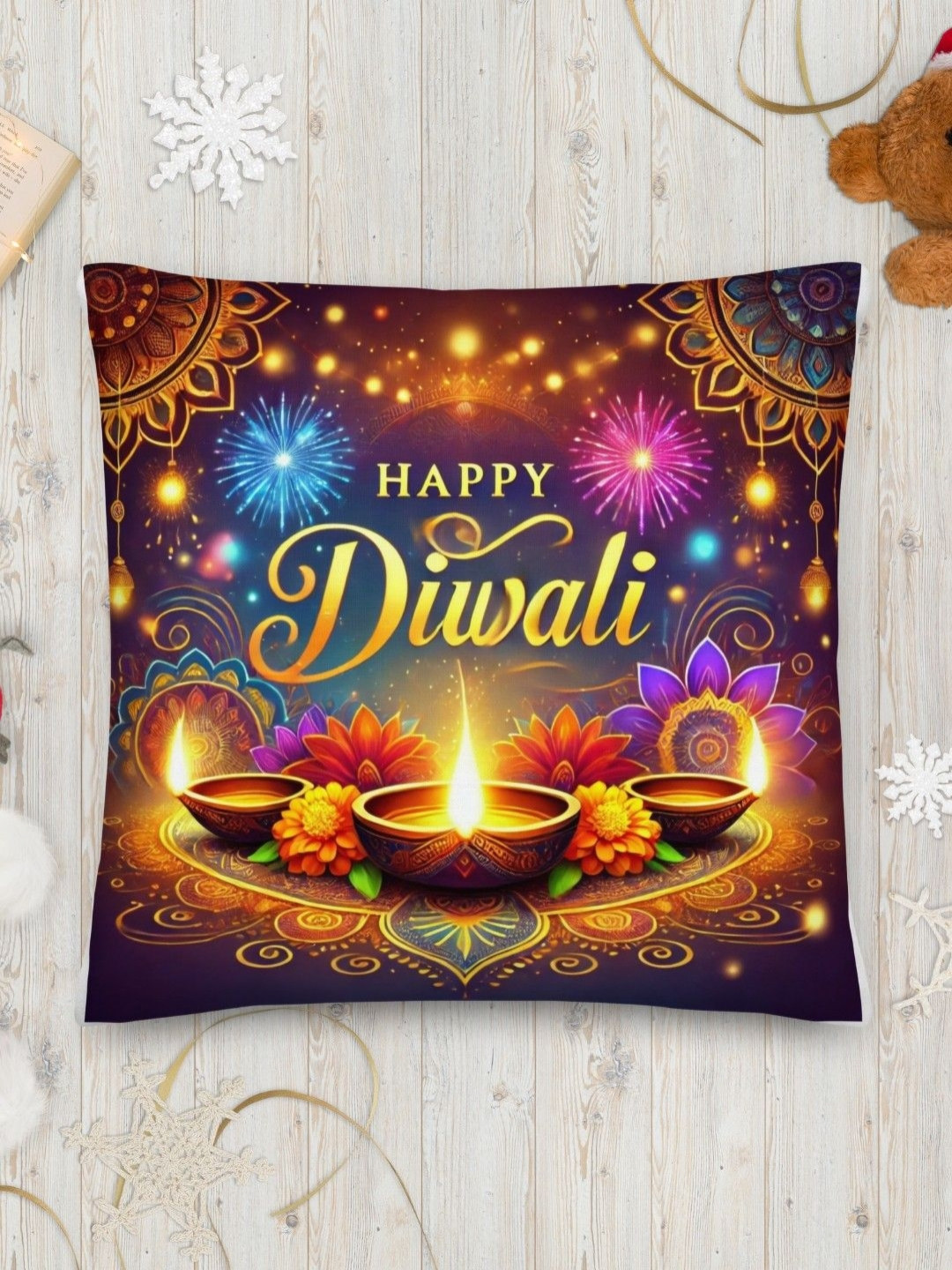 bettergiftflowers Yellow & Pink Happy Diwali Printed Square Filled Cushions