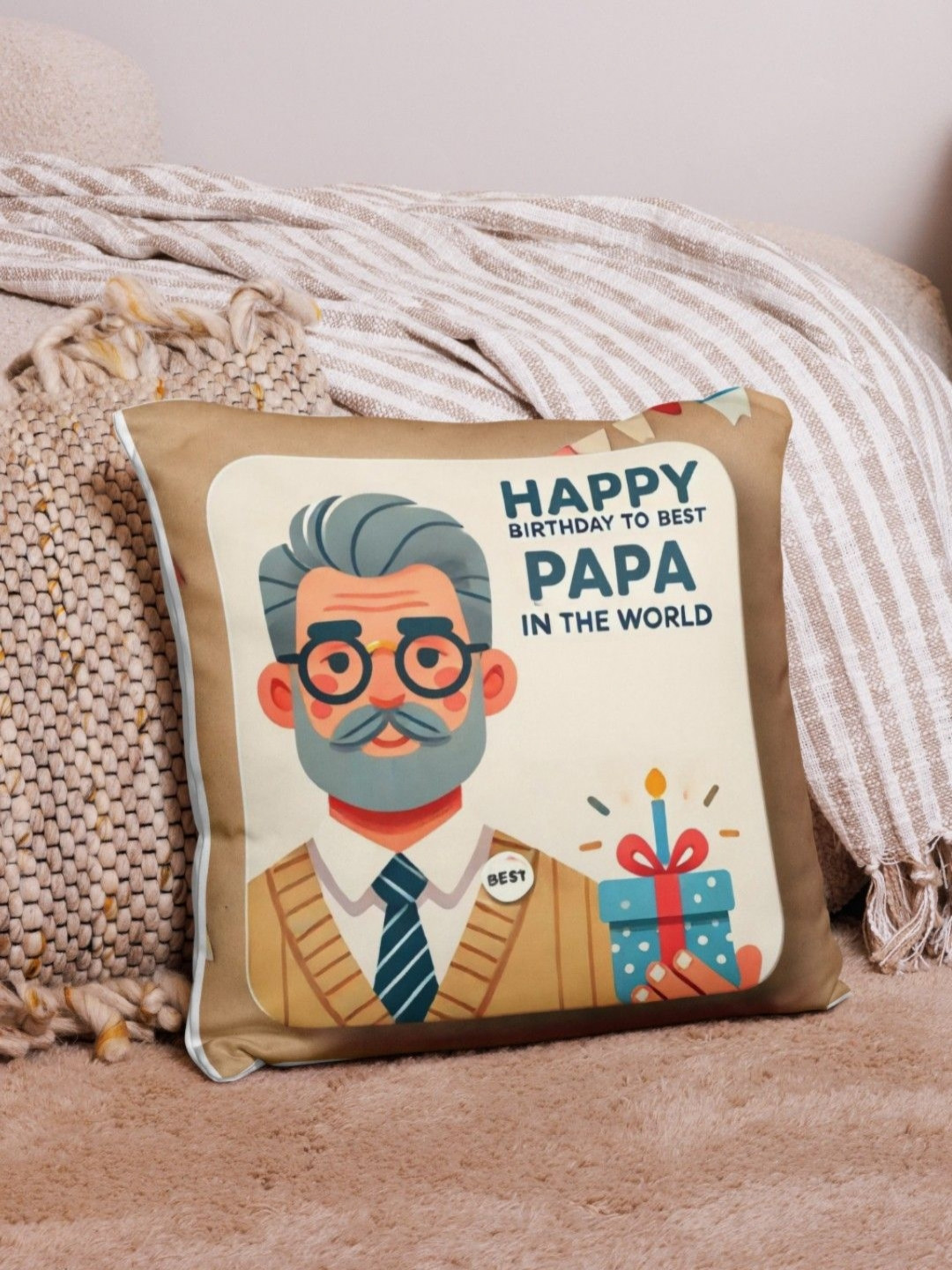 bettergiftflowers Brown & White Happy Birthday Best Papa Printed Square Filled Cushions
