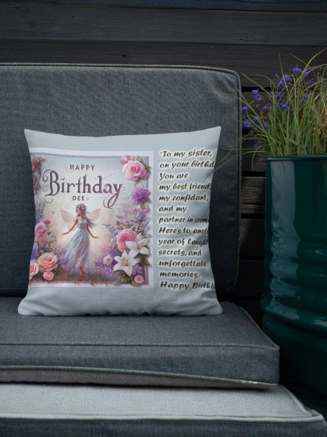 bettergiftflowers Blue Happy Birthday Dee With Message Printed Square Filled Cushions