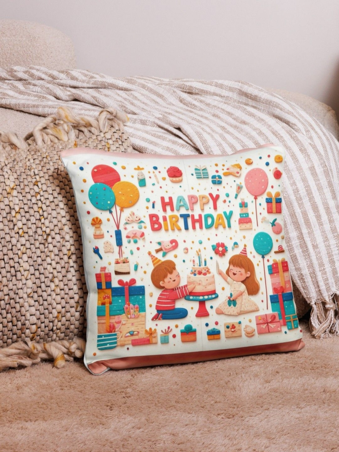 bettergiftflowers White & Red Premium Happy Birthday Printed Square Filled Cushions