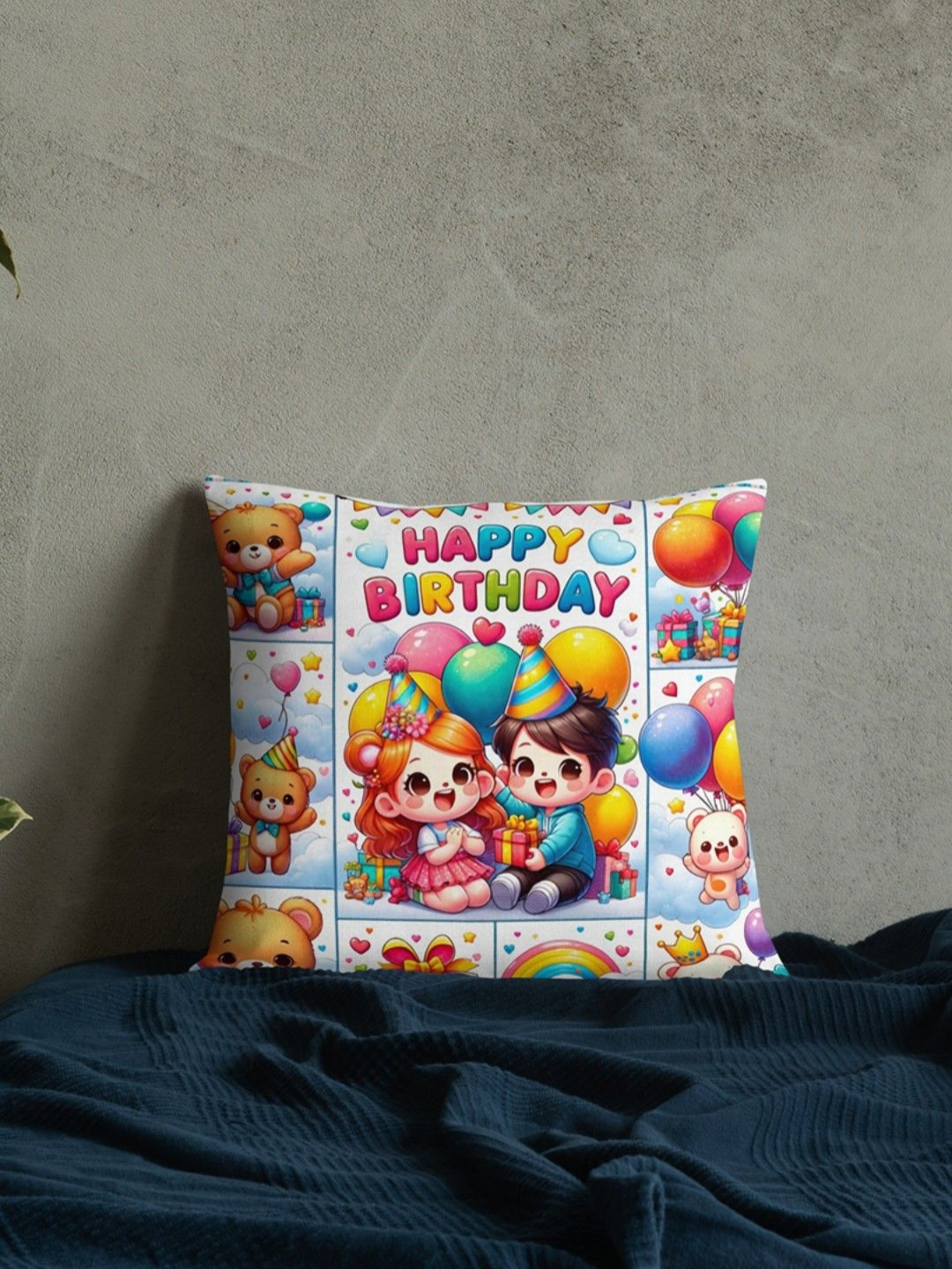 bettergiftflowers White Happy Birthday Cheerful Theme Printed Square Filled Cushions