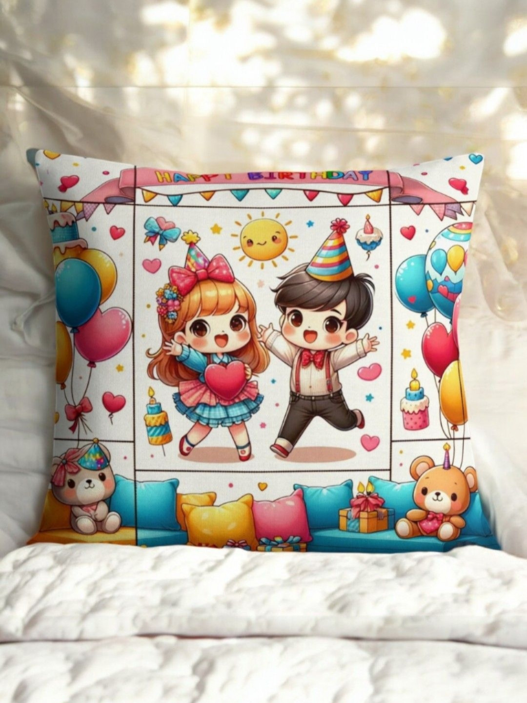 bettergiftflowers White Happy Birthday Celebration Printed Square Pre-Filled Cushion