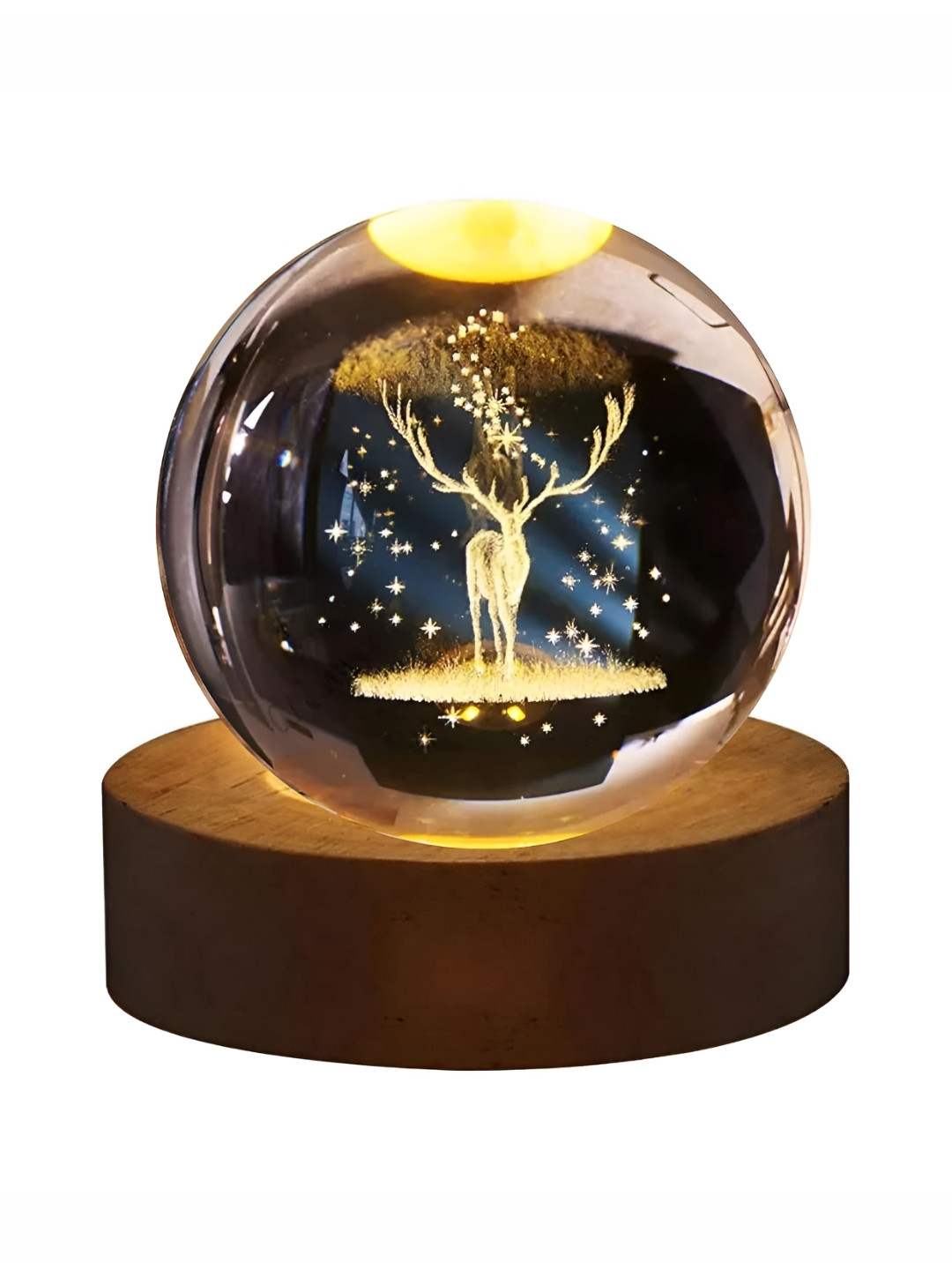 Awestuffs Brown & Yellow Printed 3D Crystal Ball Deer Night Light with Wooden Base