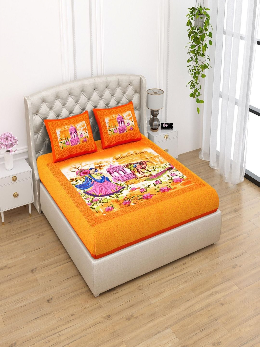 UNIQCHOICE Orange-Coloured Ethnic Motifs 120TC Cotton Queen Bedsheet Set- 2.35m x 2.15m
