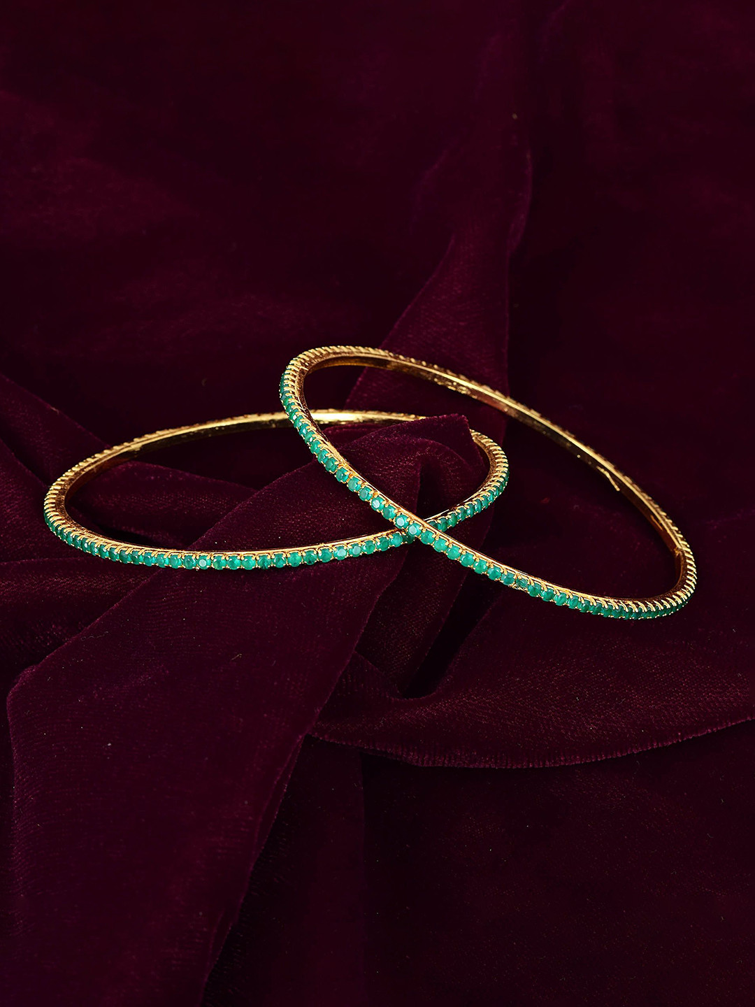 MEMOIR Set Of 2 Gold Plated Emerald Stone Studded Bangles