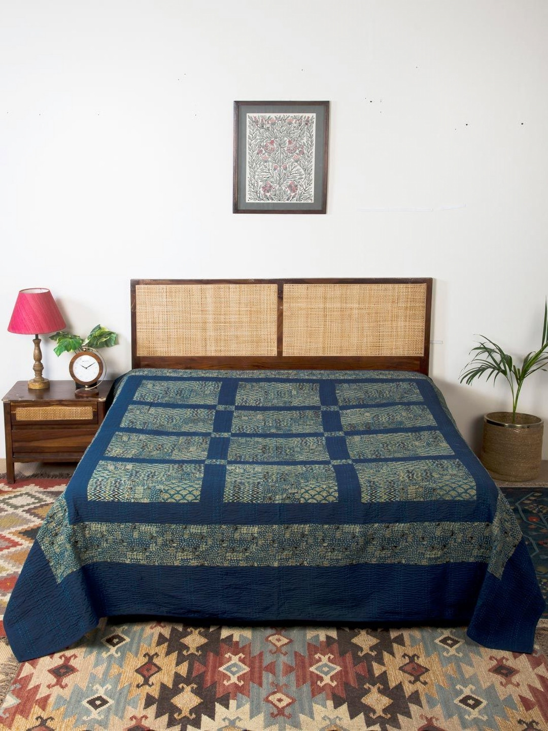 Fabindia Navy Blue Embroidered Double Size Cotton Bed Cover
