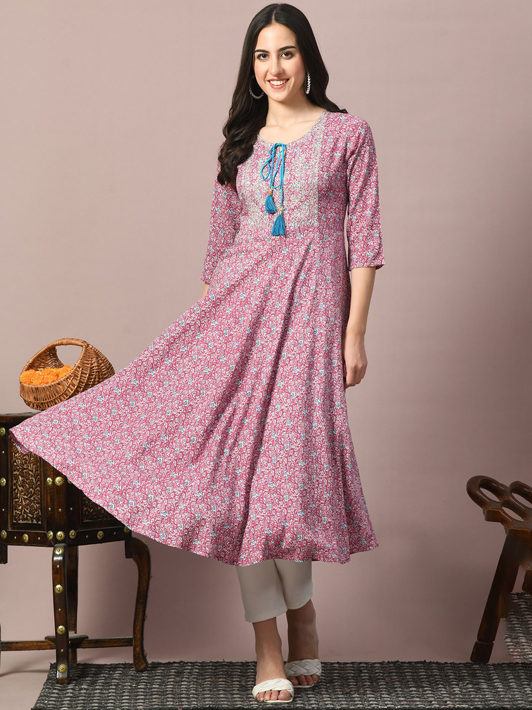 METAFAB Floral Printed Tie-Up Neck Three-Quarter Sleeves Thread Work Anarkali Kurta