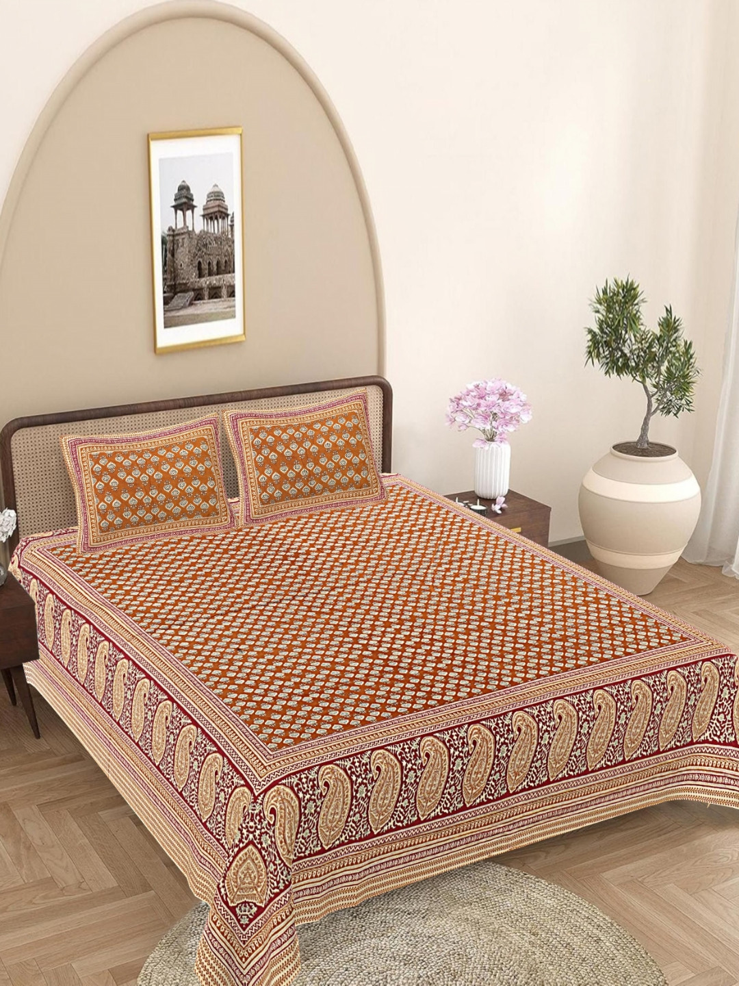 FrionKandy Living Brown Ethnic Motifs Cotton 180 TC King Fine Bedsheet with 2 Pillow Covers-108 x 106 inches