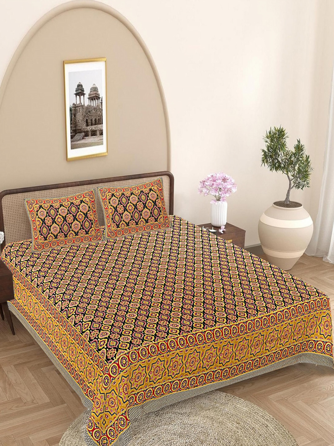 FrionKandy Living Yellow Floral Cotton 180 TC King Fine Bedsheet with 2 Pillow Covers-274 x 269 cm