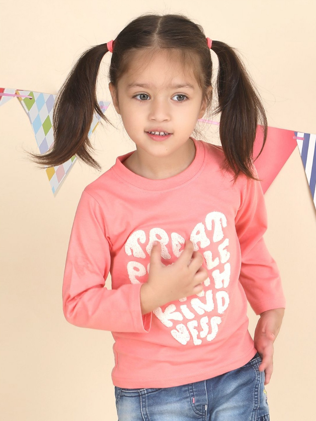 Polka Tots Kids-Girls Typography Embroidered Cotton T-shirt