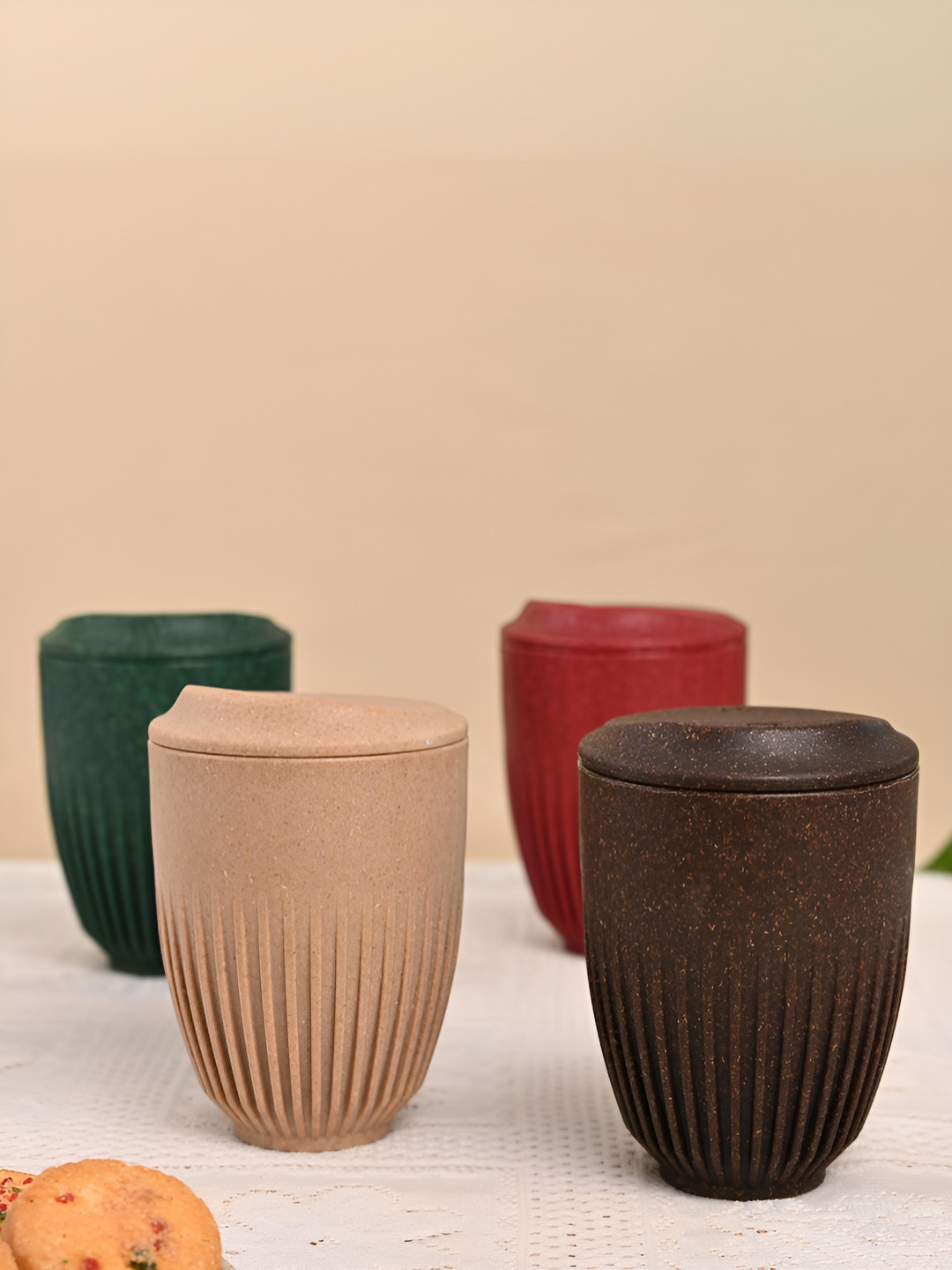 eha Coral Textured Plastic Dishwasher Safe 4 Piece Cups with Lid-350ml