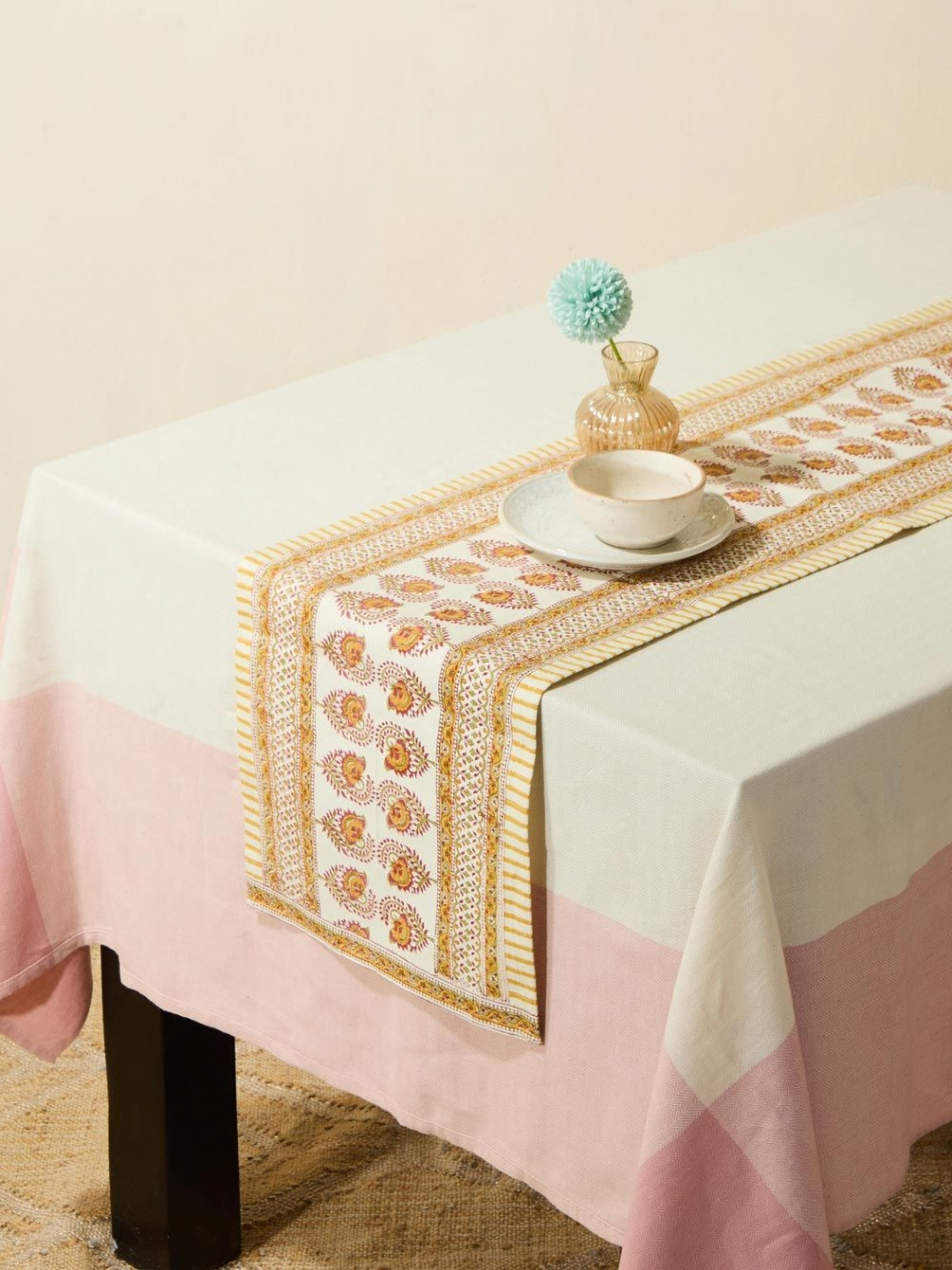 Fabindia Yellow Cotton Hand Block Printed Table Runner