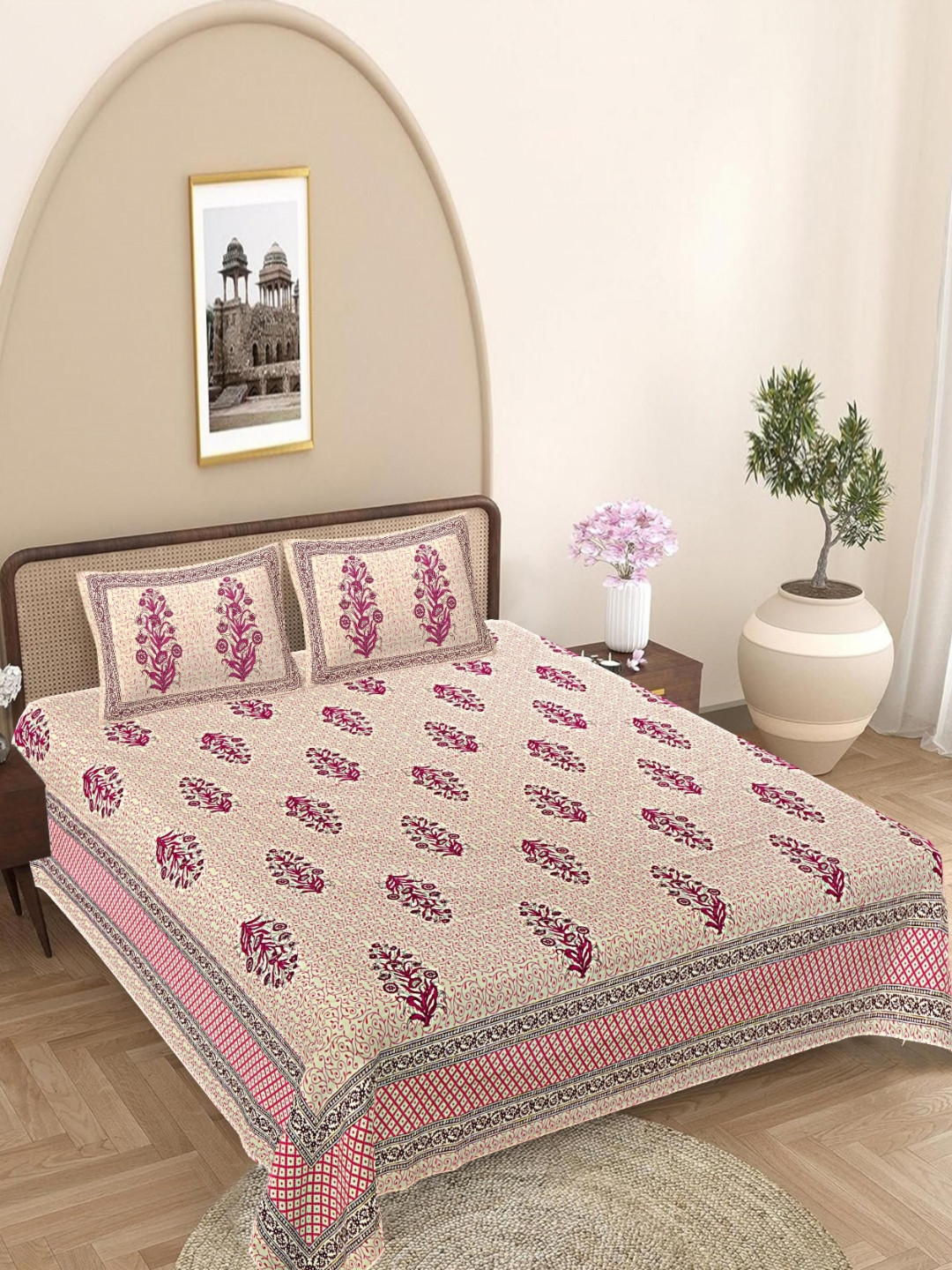 FrionKandy Living Pink Floral Cotton 180 TC Super King Fine Bedsheet with 2 Pillow Covers-108 x 106 inches