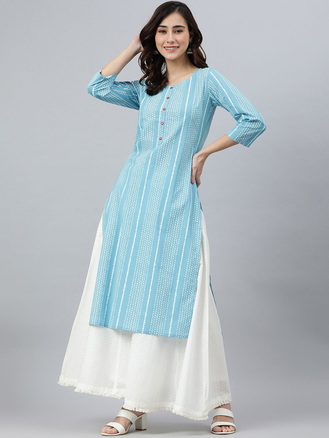 KALINI Striped Mirror Work Three Quarter Sleeves Pure Cotton Straight Kurta