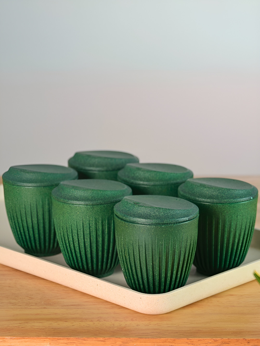 eha Green Plastic Dishwasher Safe 6 Piece Cups with Lid-250ml