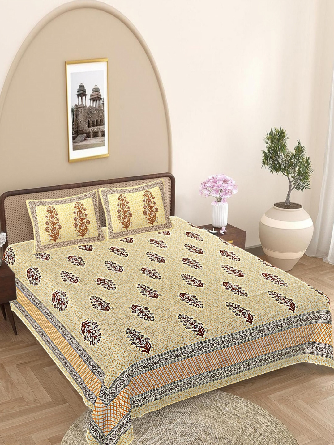 FrionKandy Living Yellow Floral Cotton 180 TC King Fine Bedsheet with 2 Pillow Covers-108 x 106 inches