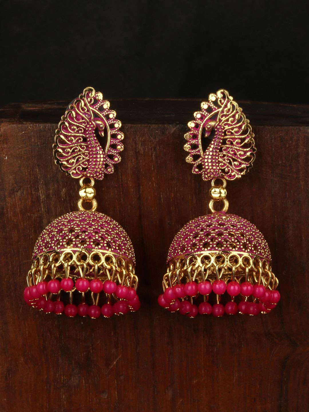Anouk Magenta Gold Plated Beaded Studded Dome Shaped Jhumkas