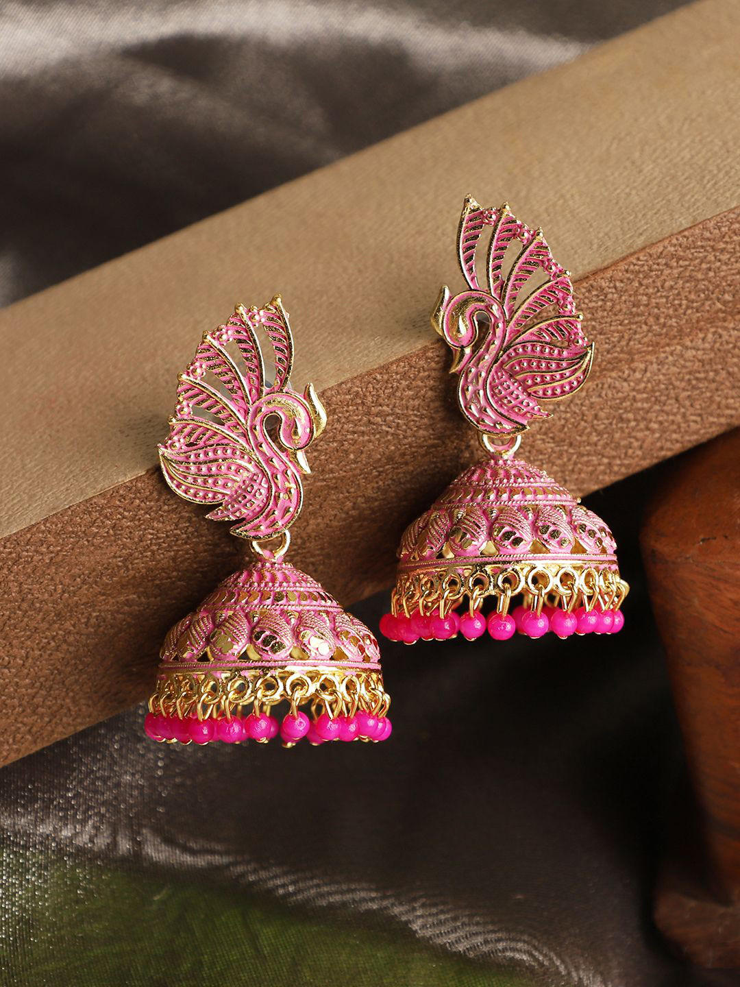 Anouk Gold-Plated Dome & Peacock Shaped Enamelled Light Weight Beaded Jhumkas