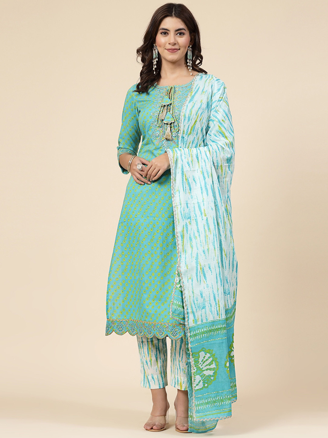 Shangri LA MS Designs Bandhani Printed Sequinned Pure Cotton Kurta With Trousers & Dupatta
