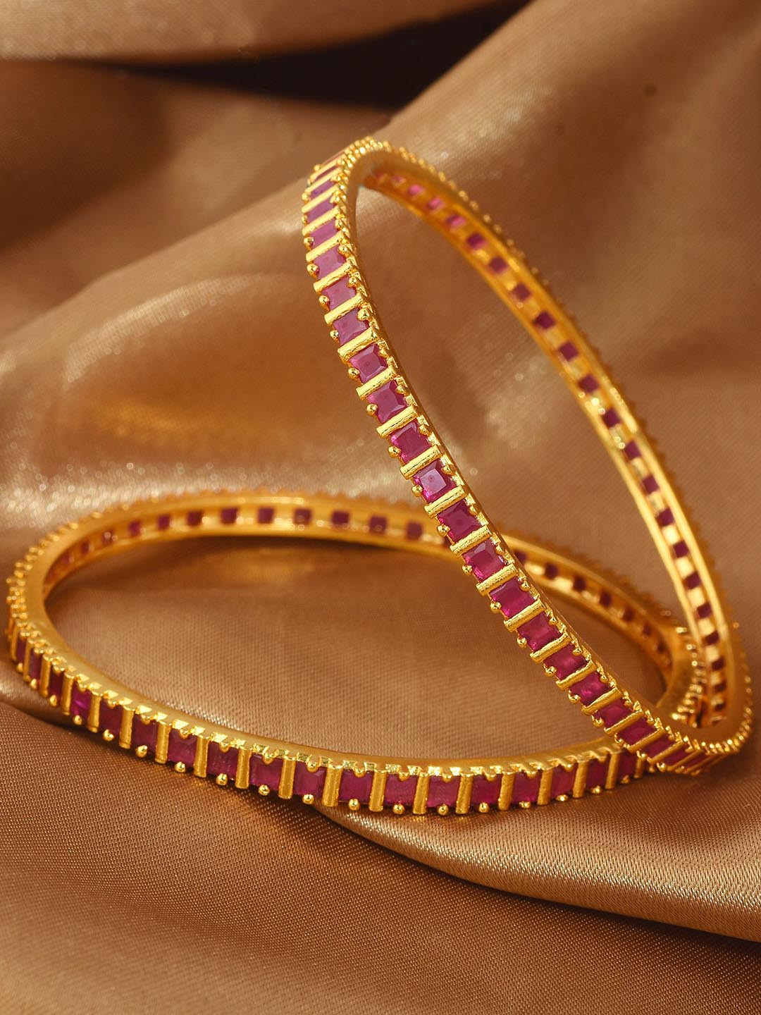 MEMOIR Set Of 2 Gold-Plated Faux Burma Ruby Stone-Studded Bangles