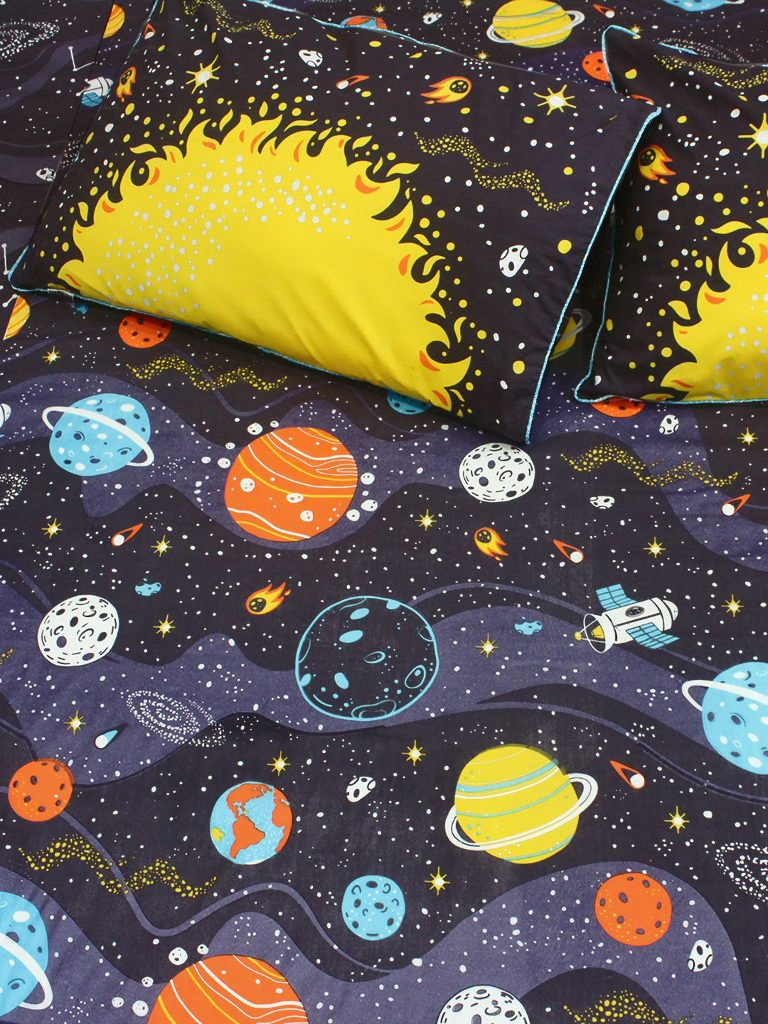 Silverlinen Outer Space Black Cartoon Characters Cotton 250 TC King Superfine Bedsheet with 2 Pillow Covers-108 x 108 inches
