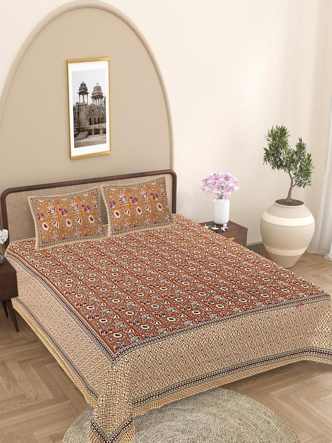 FrionKandy Living Brown Floral Cotton 180 TC King Fine Bedsheet with 2 Pillow Covers-108 x 106 inches