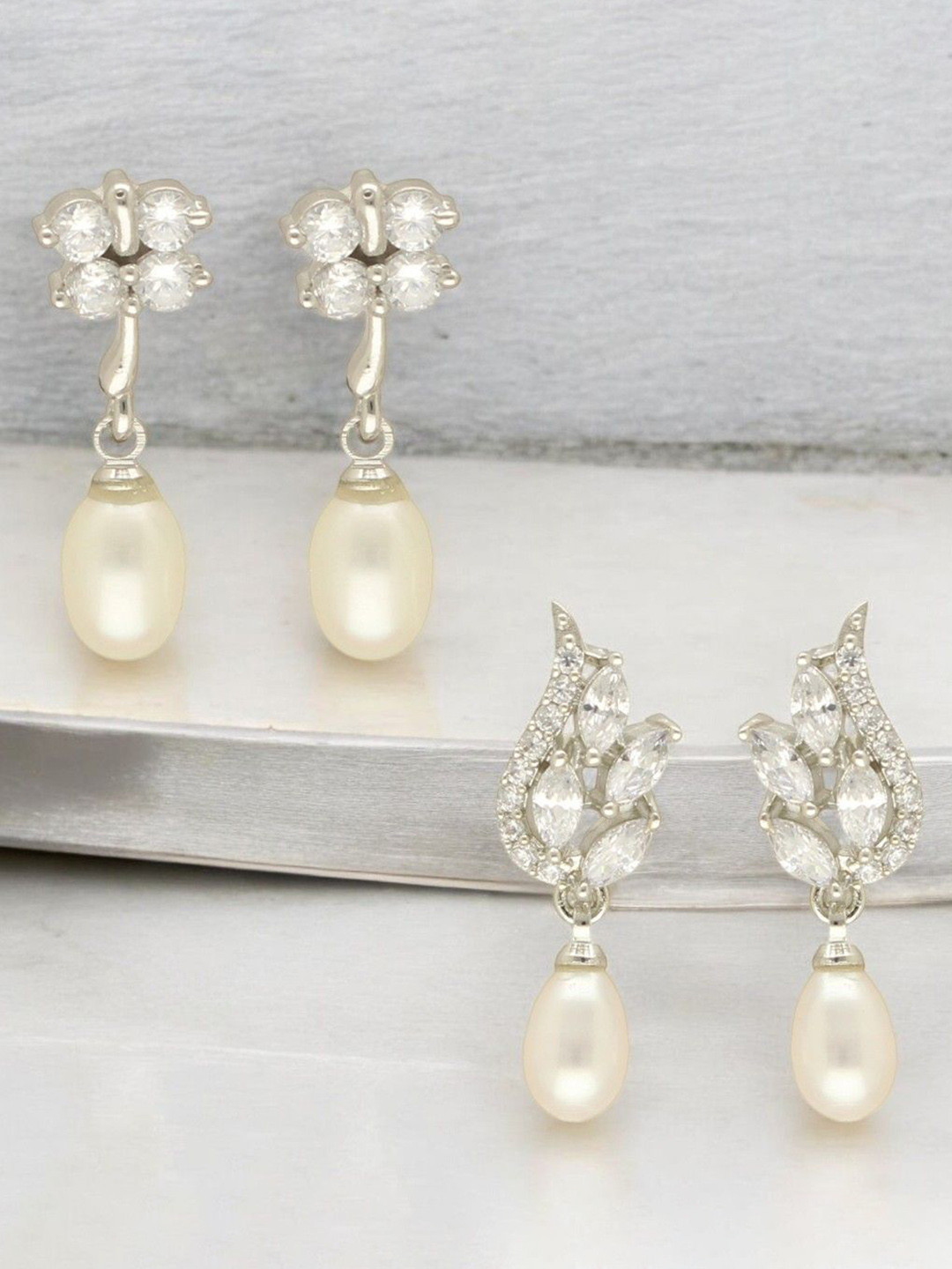 Sri Jagdamba Set of 2 Silver-Plated Pearl Dealer Contemporary Drop Earrings