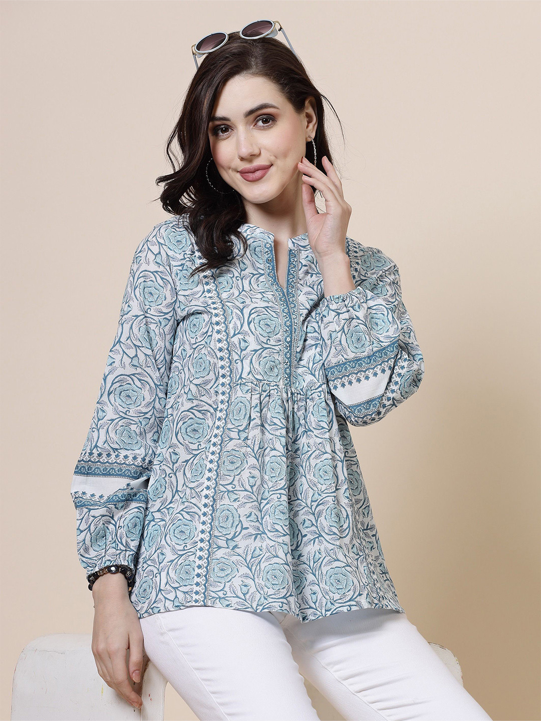 Shangri LA MS Designs Women Floral Printed Mandarin Collar Cotton Top