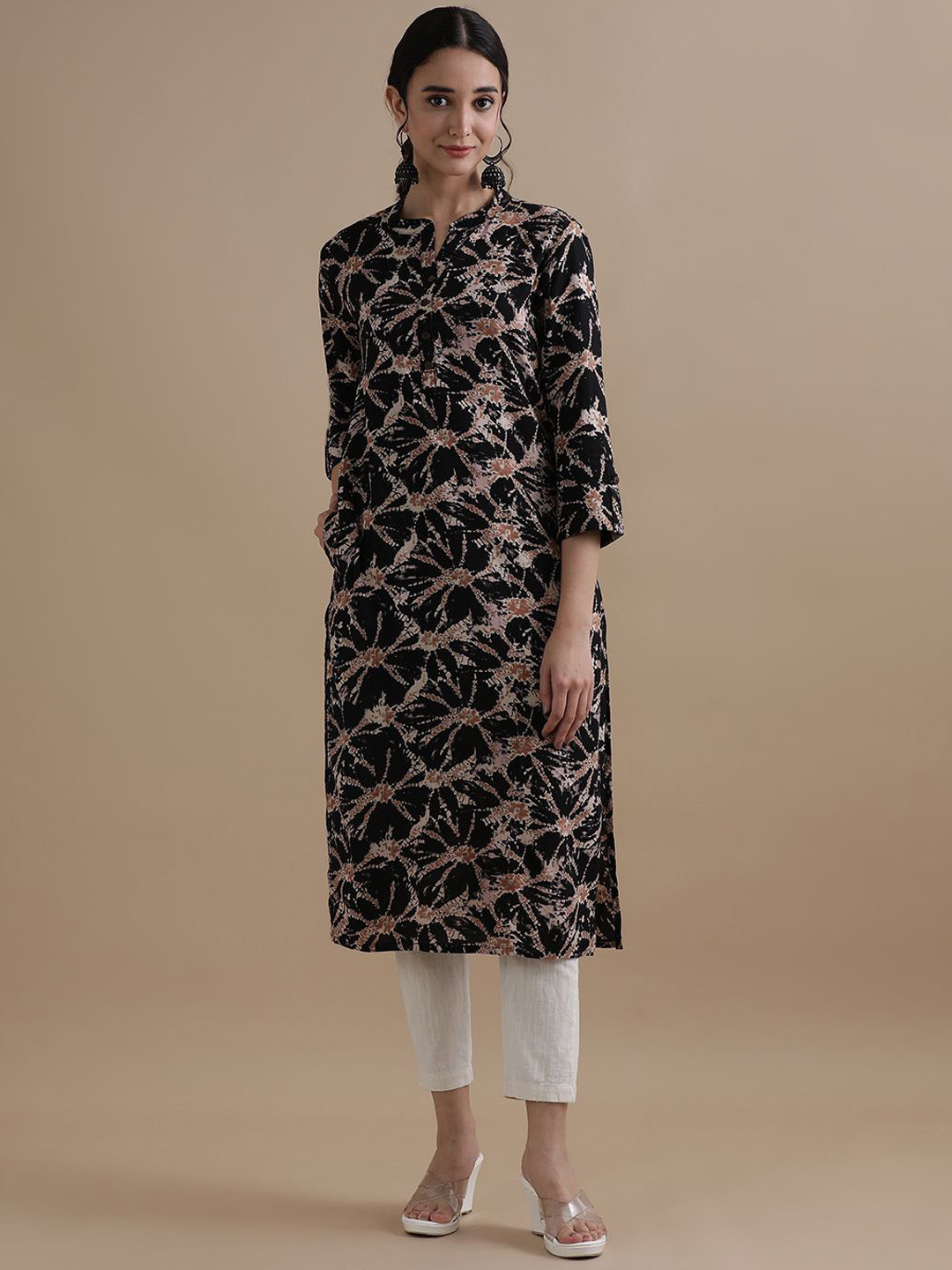 Jaipur Kurti Black and Brown Mandarin Collar Floral Printed Straight Kurta
