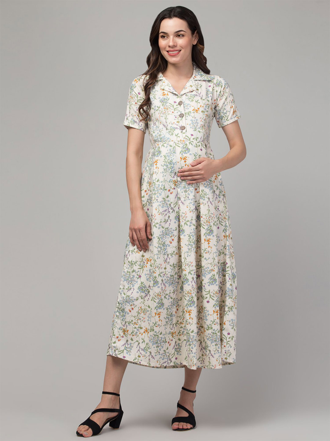Zuvino Women Floral Printed Linen Maternity Fit & Flare Midi Dress