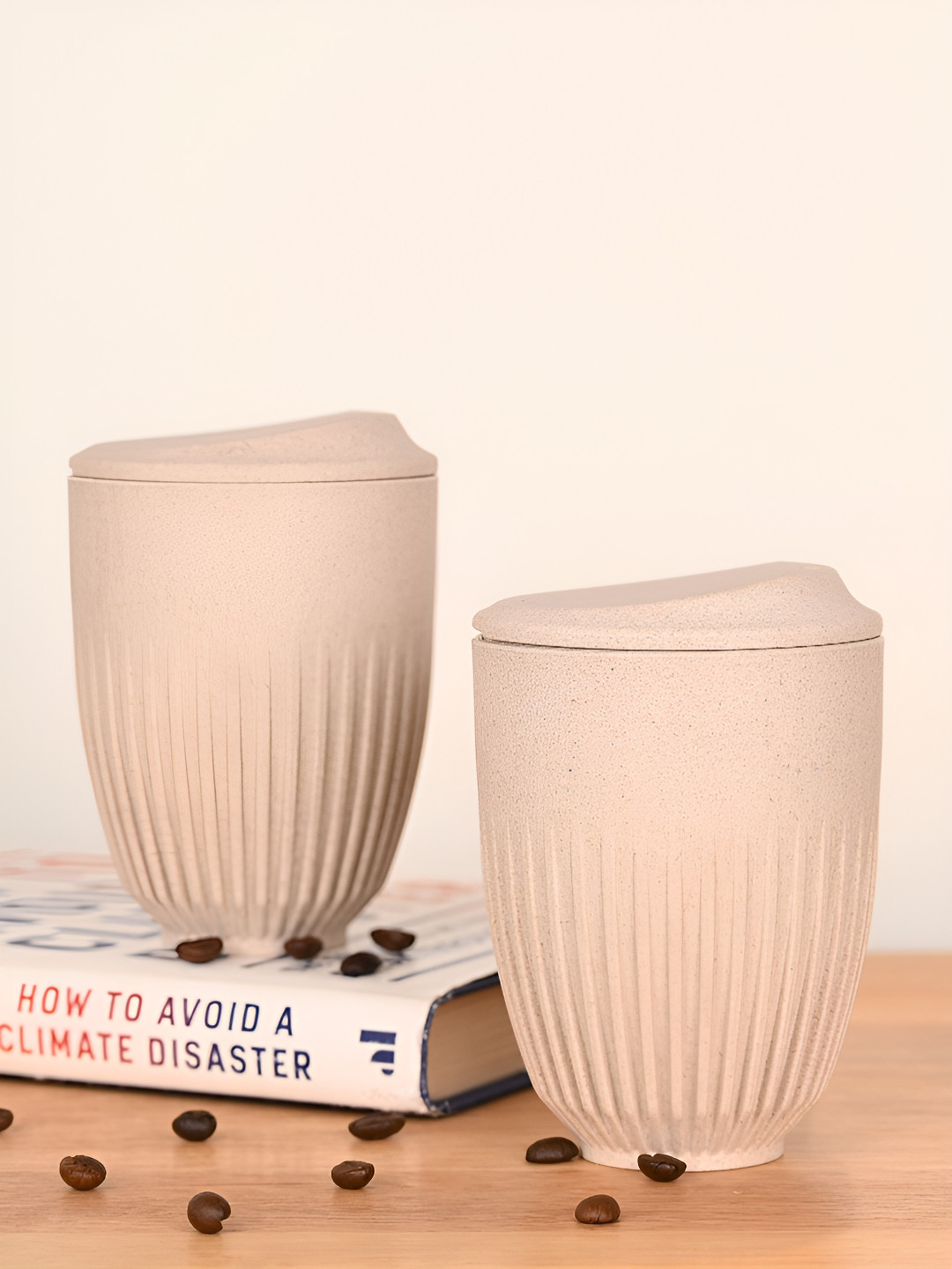 eha Off White Textured Biocomposite Microwave Safe 2 Piece Mugs with Lid-350ml