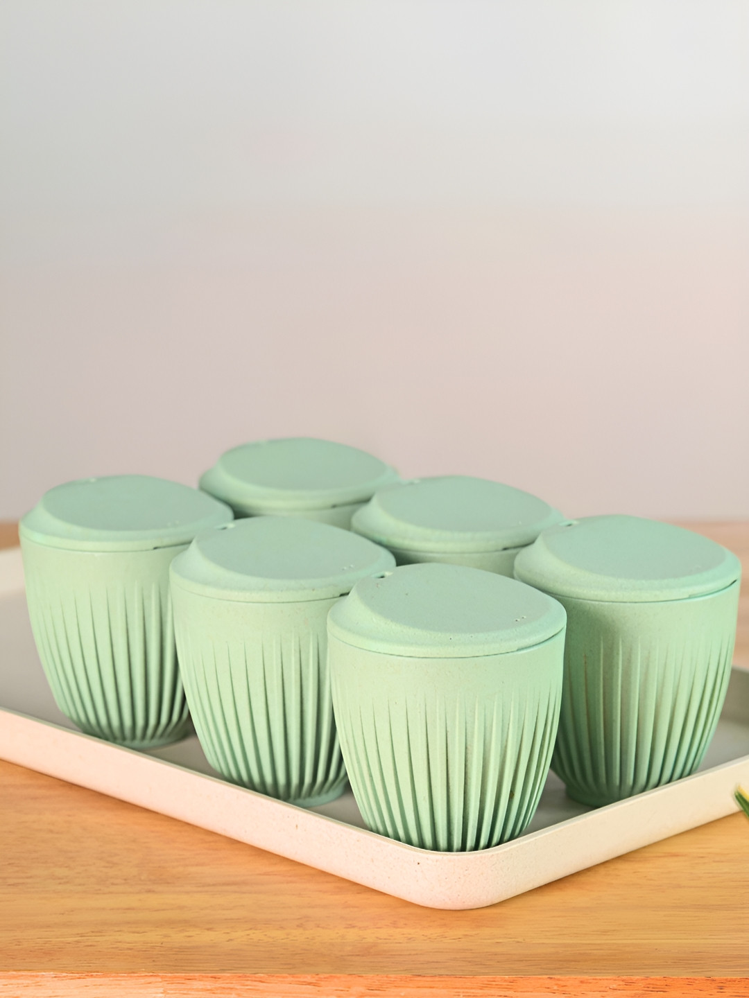 eha Green Textured Biocomposite Microwave Safe 6 Piece Cups with Lid-250ml