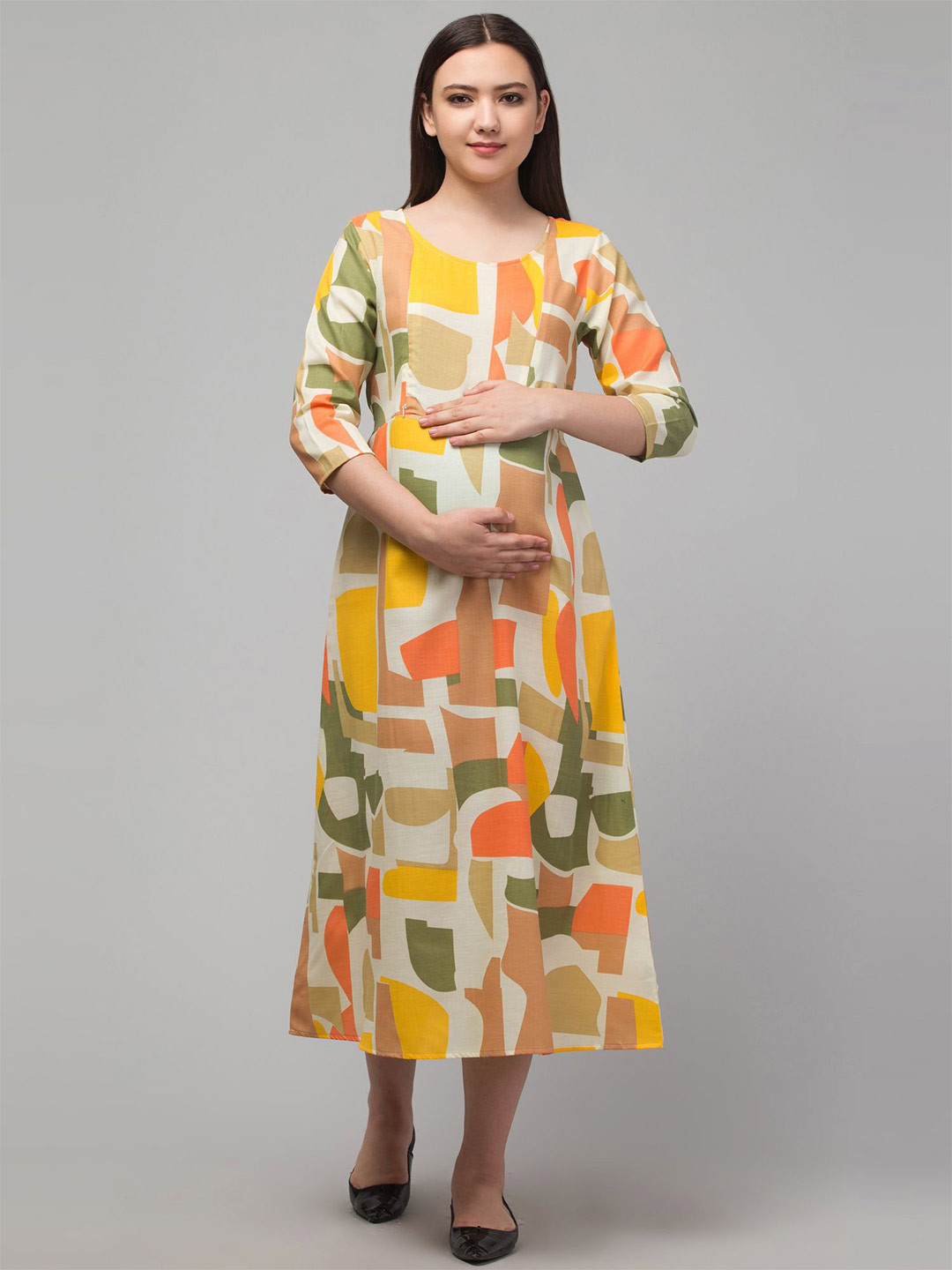 Zuvino Women Abstract Printed Maternity A-Line Midi Dress