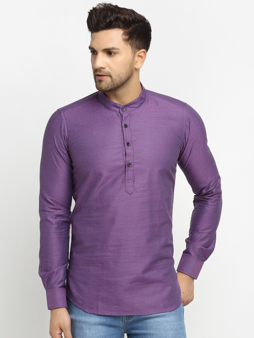 Cross Court Woven Design Band Collar Pure Cotton Straight Short Kurta
