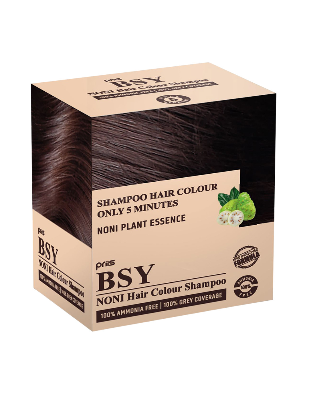 PRIIS BSY Noni Hair Color Shampoo- 20 Sachets - 20 ml Each - Dark Brown