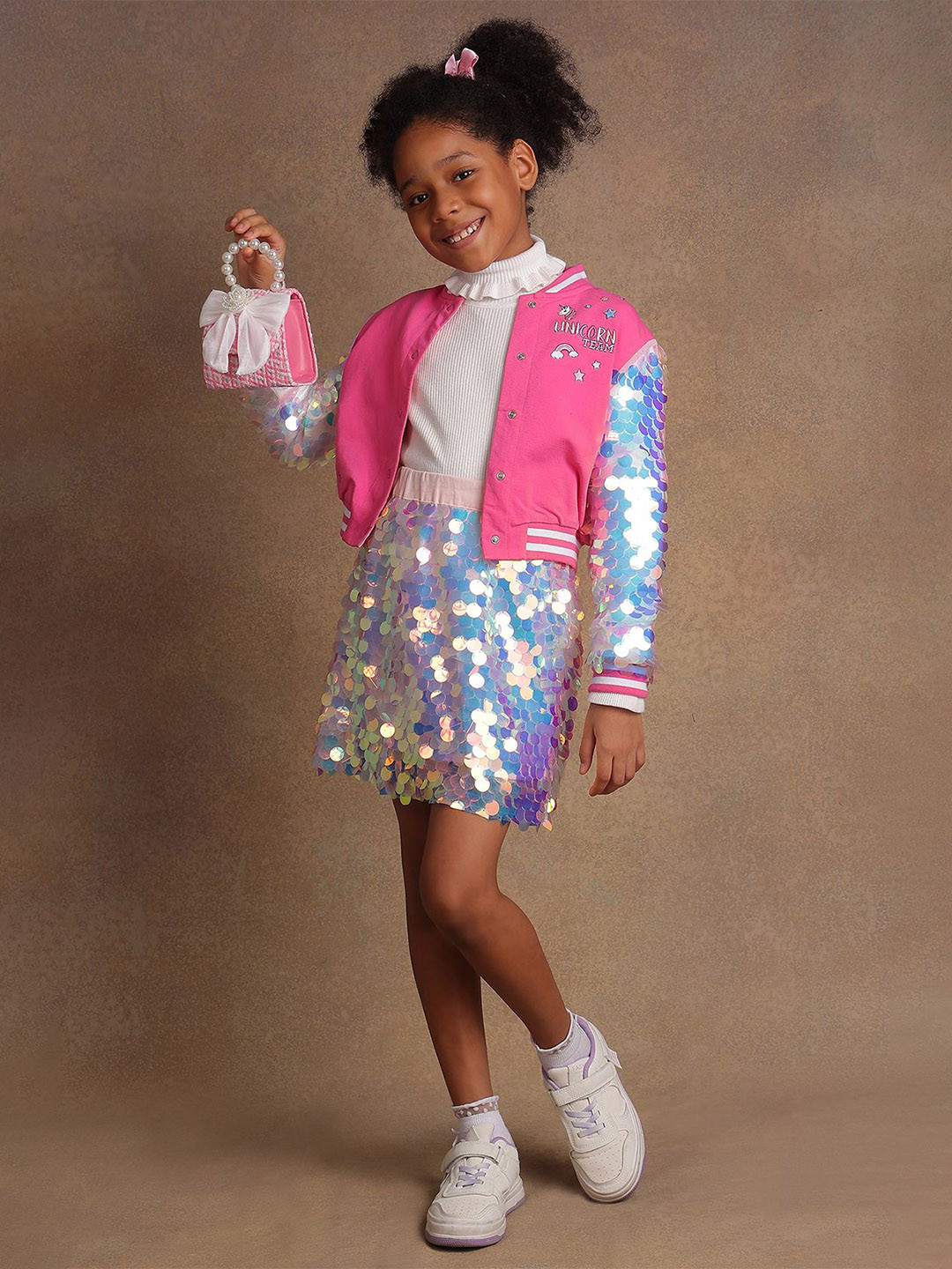 One Friday Girls Stand Collar Graphic Printed Cotton Casual Bomber Jacket