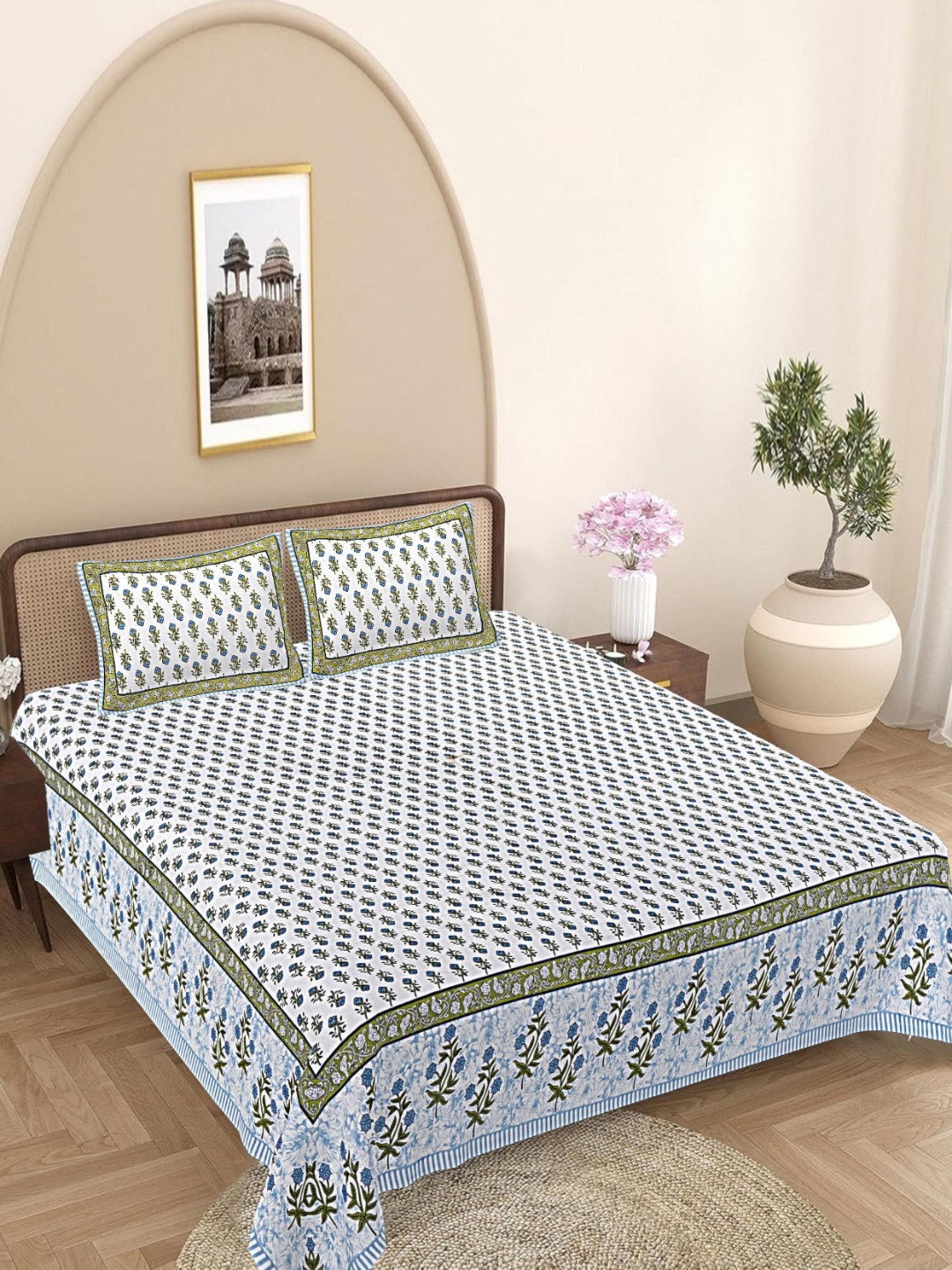 FrionKandy Living Turquoise Blue Floral Cotton 180 TC Super King Fine Bedsheet with 2 Pillow Covers-108 x 106 inches