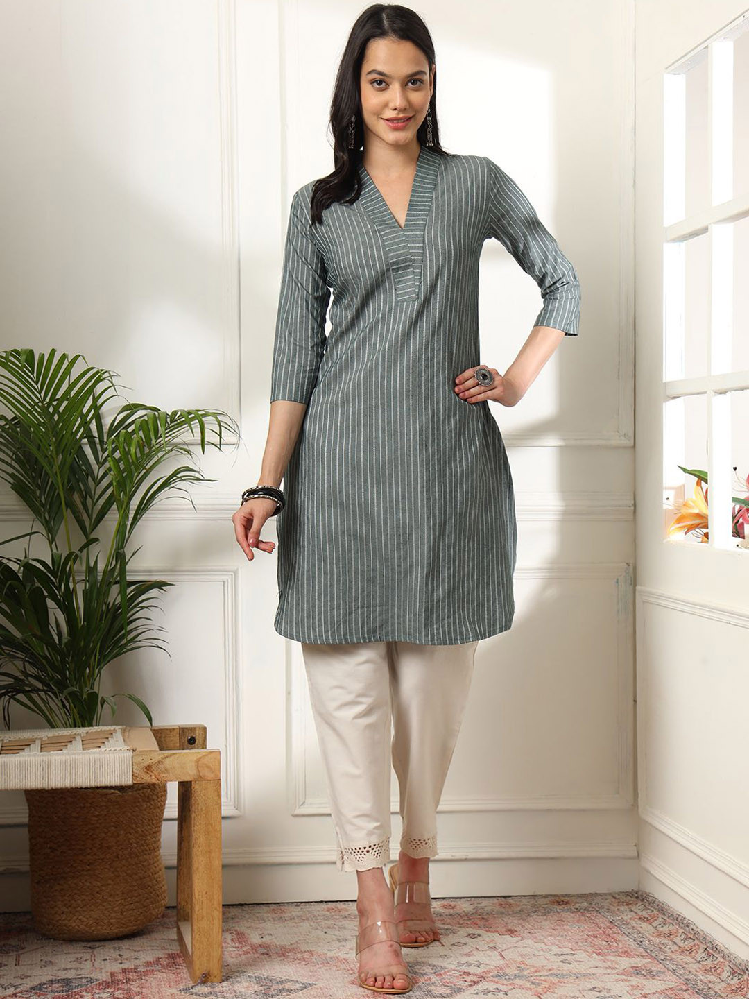 Anouk Rustic Grey Striped V-Neck Pure Cotton Straight Kurta