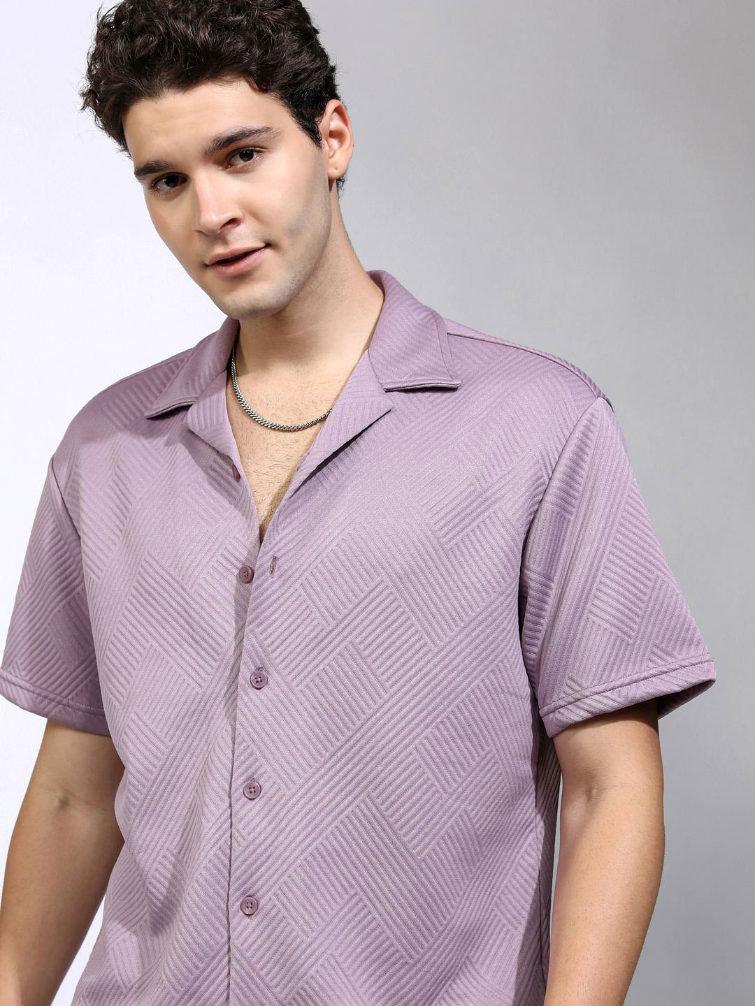 Highlander Men Mauve Cuban Collar Short Sleeve Jacquard Knit Regular Fit Shirt