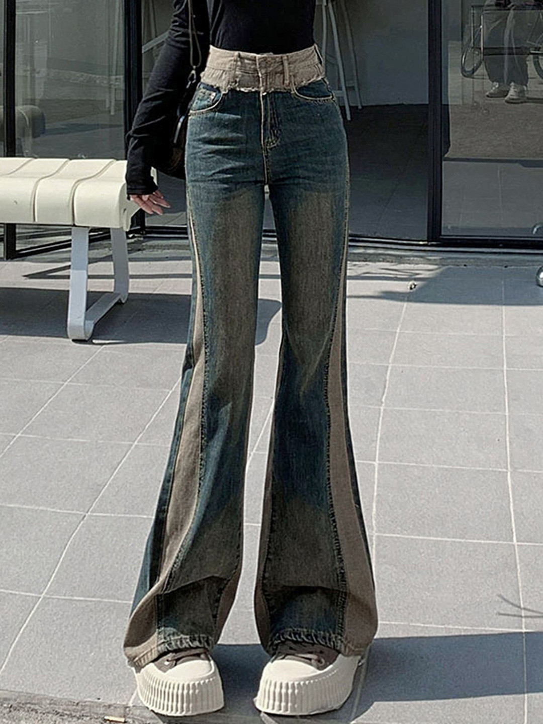 LULU & SKY Women Jean Flared High-Rise Low Distress Light Fade Jeans