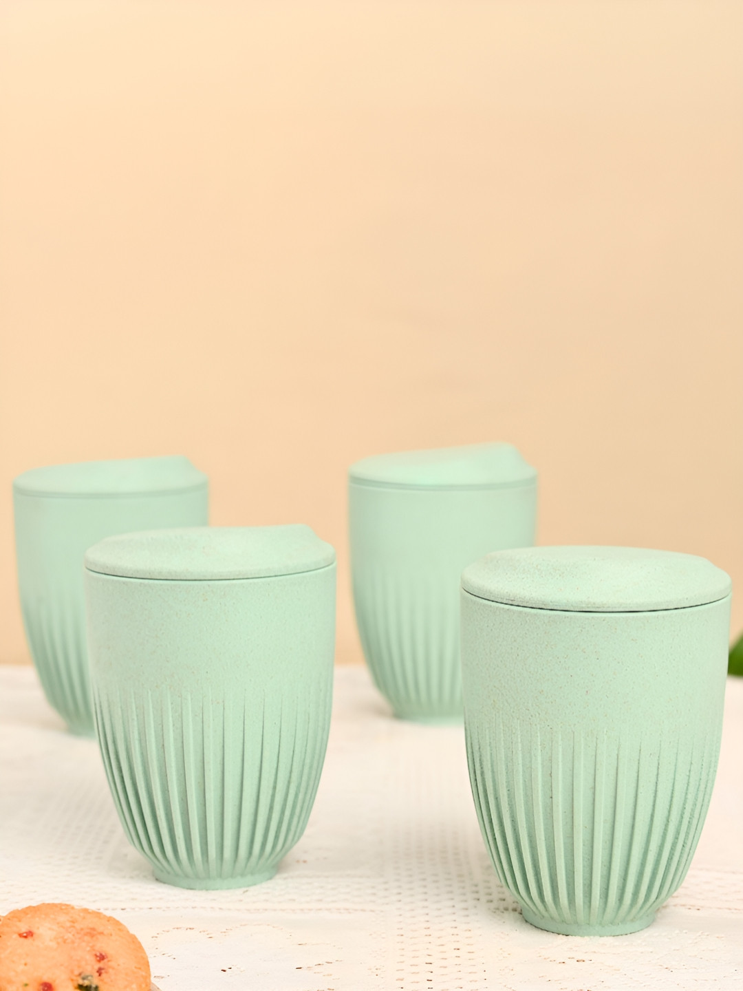 eha Green Plastic Dishwasher Safe 4 Piece Cups with Lid-360ml